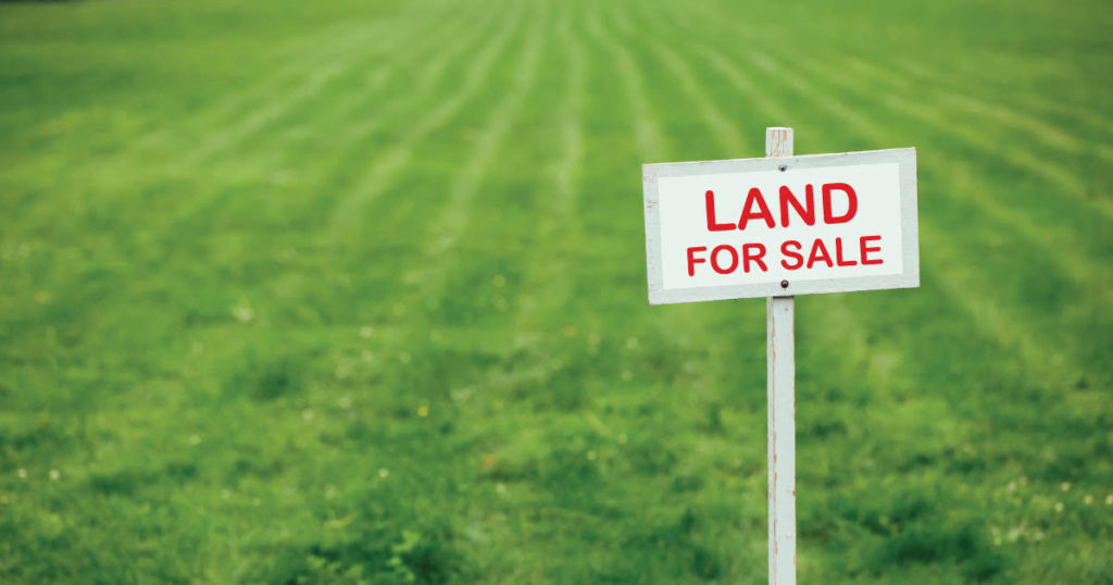 Invest in land: a large patch of grass with a white sign reading "land for sale" in red ink