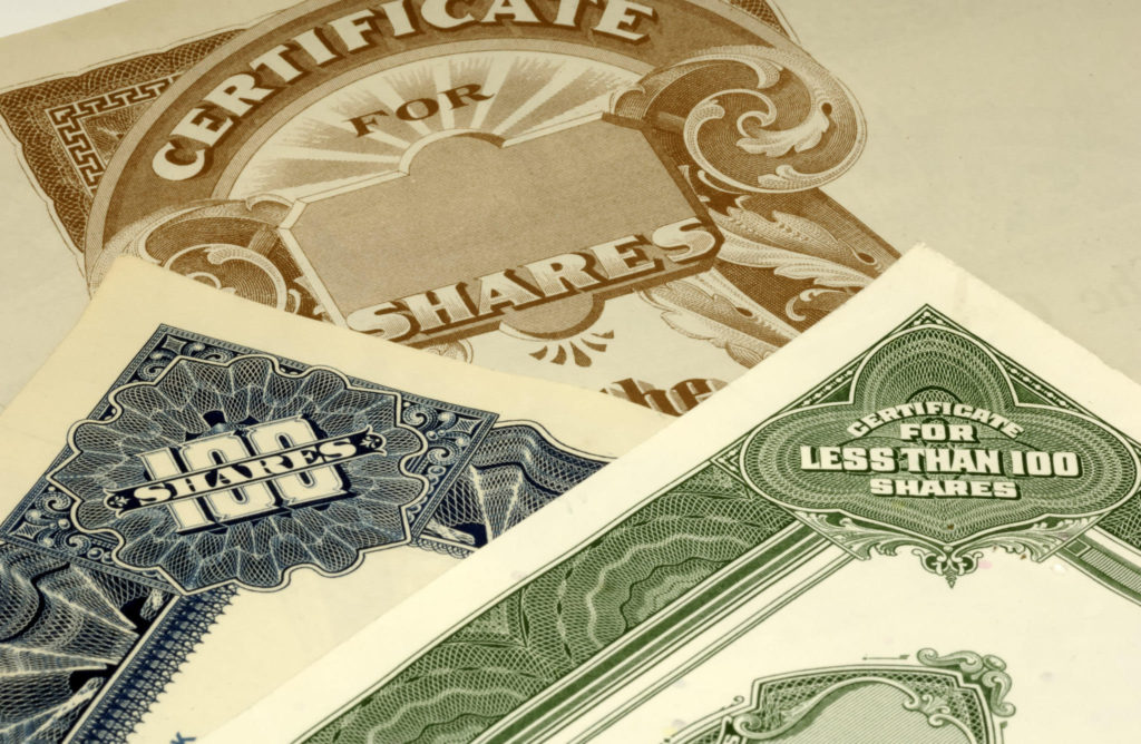 Types of stocks: Several stock certificates from several different companies, 1950's design