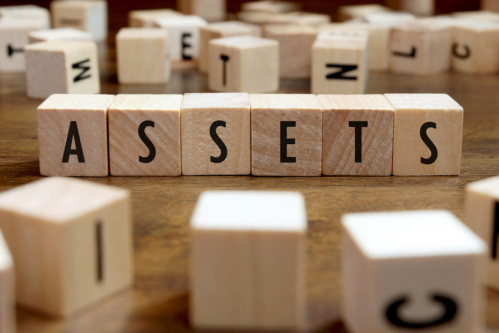 types of assets: six wooden blocks with letters spelling out the word "Assets" other wooden blocks around it with random letters on