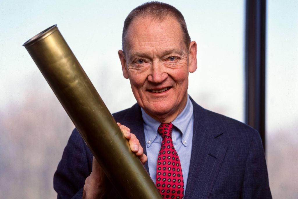 Billionaire founder and CEO of the Vanguard Group and amateur astrologist, John C. Bogle, better known as Jack Bogle, holding an antique telescope